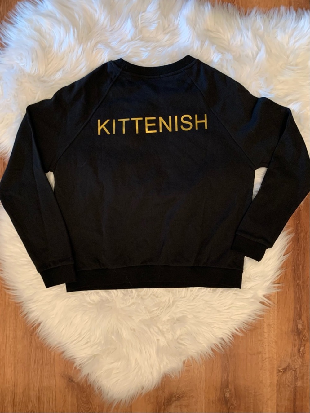 Kittenish NWT Black Gold Graphic Cat Face Front KITTENISH on back Sweatshirt Lrg